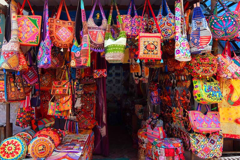 Tapovan market street in Rishikesh full of handicrafts yoga gear and Himalayan souvenirs